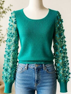 Hunter Green Blouse with Floral Sheer Sleeves